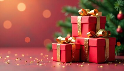 Obraz premium Colorful stack of red gift boxes with gold bows and ribbon, festive, gift wrapping paper
