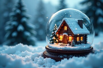 Cozy Cabin Inside a Frosty Christmas Snow Globe with Snowflakes, snow globe, frosty, snowy