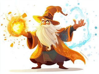A wizard is holding a glowing ball in his hand. The wizard is wearing a hat and a robe. The scene is set in a fantasy world