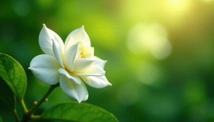 Delicate petals of white gardenia flower unfolding in gentle sunlight, greenery, white