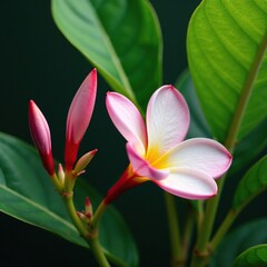 Delicate plumeria petals on a green stem with lush leaves, petals, foliage, leaves