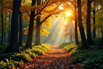 Fototapeta premium Dense foliage with sunlight filtering through the leaves, sunlit woods, forest canopy, autumn forest path