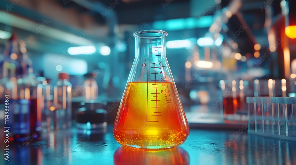 Poster erlenmeyer flask containing orange liquid in laboratory setting