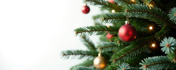 Evergreen fir tree with ornaments and lights isolated on white background, decoration, winter