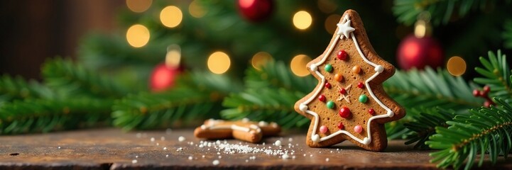 Festive star-shaped gingerbread tree on wooden table amidst lush greenery of Christmas tree, holiday, decoration