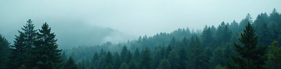 Obraz premium Foggy fir trees in the midst of a dense forest, dense, evergreen