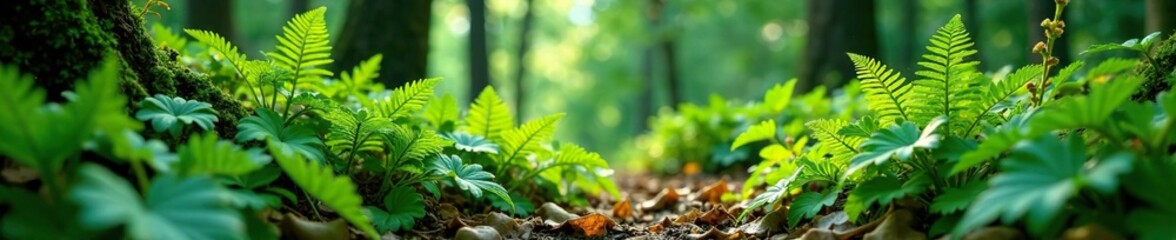 Forest floor covered with ferns and wildflowers, greenery, forest atmosphere