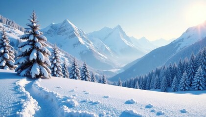 Fototapeta premium Frosty landscape with trees and mountains in the background, natural, landscape, snow