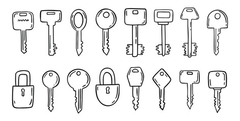 Sketch hand drawn doodle key icon set. Vintage locks and keys. Outline decor security elements collection.