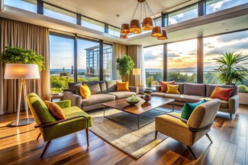 Fototapeta premium Modern Living Room Sofa & Armchairs Window View - Interior Design Photography