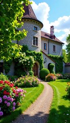 Naklejka premium Gartenneue mit historischen Steinmauern und Kacheln, beete, b?ume