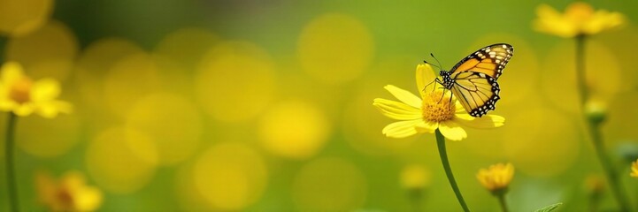 In a garden filled with vibrant yellow flowers, a yellow and black butterfly flutters around its favorite bloom, field, yellow, wildflower