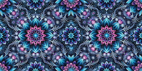 A vibrant, intricate floral pattern featuring shades of blue and pink, creating a mesmerizing botanical design.