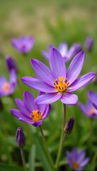 Isolated large purple flowers in a field or meadow with a few grasses, purple flower, nature
