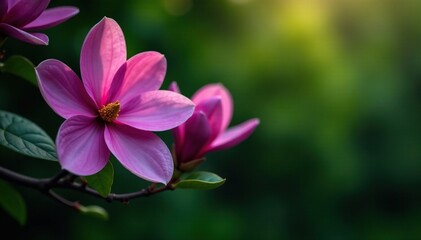 Fototapeta premium Large and lush purple magnolia flowers on a dense green background, tree, flower