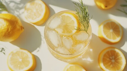 A glass of lemonade with crushed ice, surrounded by sliced lemons and fresh herbs, on a light background.