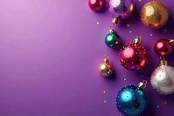 Multicolored festive ornaments on a purple background, Christmas gifts, purple theme