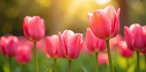 Obraz premium Pink tulips swaying gently in the warm sunlight, pink, garden