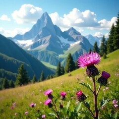 Fototapeta premium Pink thistle against a mountain sky with trees, alpine vegetation, mountain range, pink thistle