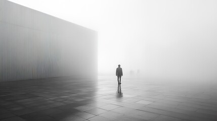 Solitary Figure in Foggy Urban Landscape