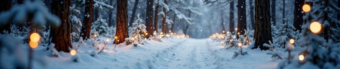 Snowy forest with gold and silver Christmas lights, snowy, light
