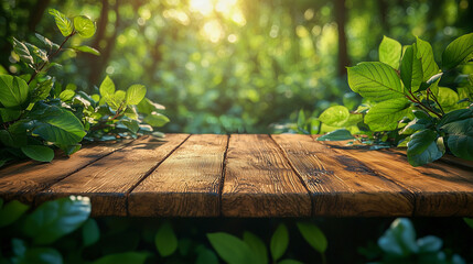 A warm, sunlit forest scene. Green leaves frame a wooden table