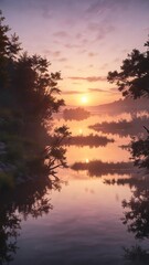 Fototapeta premium Softly fading light on a tranquil lake at sunset, gentle light, reflection