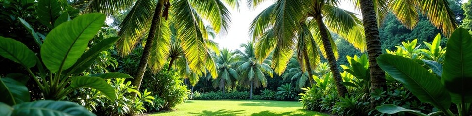 Tall coconut tree in a garden with other trees and plants, nature, outdoor