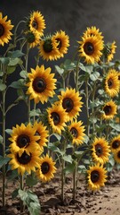 Fototapeta premium Sunflower plants with dry and wilted petals in a row, sunny day, golden wheat, agricultural field