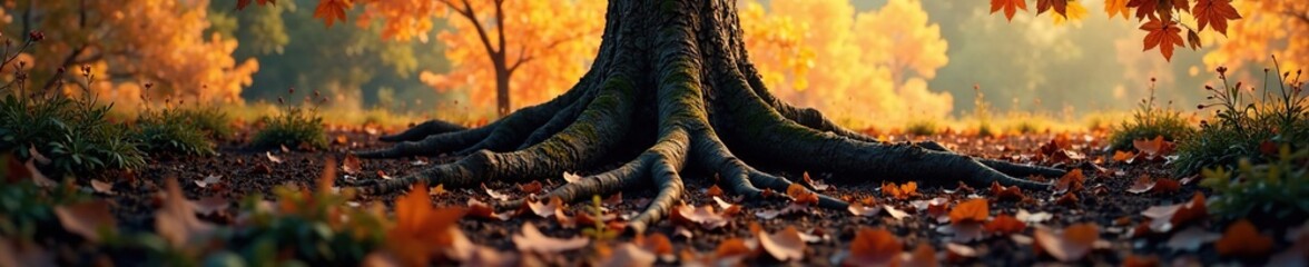 Obraz premium The roots of a tree spread out across the ground like an underground network, anchoring the tree in place, brown, autumnal, autumn foliage