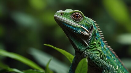 Vibrant green lizard in lush foliage.