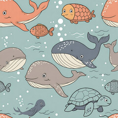 Whimsical Underwater World: A charming and playful seamless pattern featuring adorable whales, turtles, and fish swimming through a serene blue ocean.  Perfect for children's products, textiles.