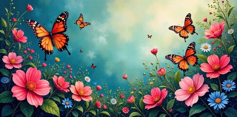 vibrant painting featuring a group of butterflies dancing amidst colorful flowers and foliage, scenery, painting, colors