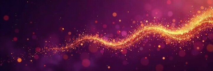 Fototapeta premium Wavy gold dust particles scattered on a dark purple background, luminous dust, golden haze