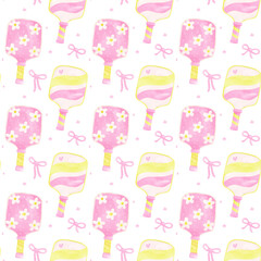 Preppy Pink and yellow Pickleball Paddles Seamless Pattern watercolor