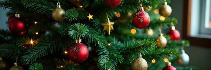 Fototapeta premium A colorful array of ornaments and stars on a large, lush green Christmas tree, decorations, ornaments