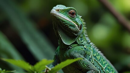 Fototapeta premium Close-up of a vibrant green lizard in lush foliage. (1)