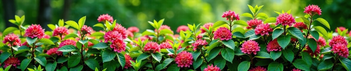 Fototapeta premium A lush barberry bush with vibrant green foliage and pink flowers, view, outdoor, beautiful gardens
