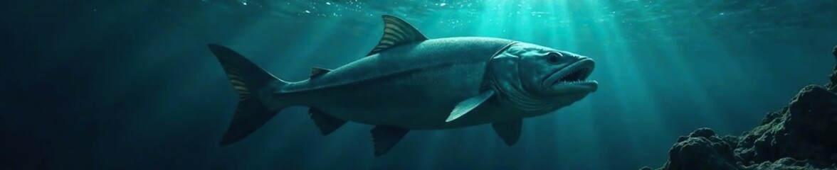Obraz premium A massive fish lurking in the shadows beneath the surface, dark, underwater