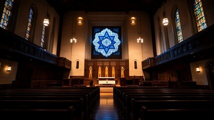 Obraz premium Empty church interior with stained glass window.