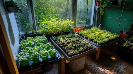 A greenhouse filled with nursery trays, each containing young plants at different stages of growth.