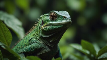 Fototapeta premium Close-up of a vibrant green lizard amidst lush foliage.