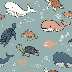 Sea Life Seamless Pattern: A whimsical underwater adventure with cartoon whales, turtles and fish.  Delightful sea creatures swimming in a repeating pattern. Perfect for kids' rooms, textiles.