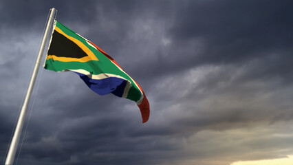 cute South Africa flag on heavy dark clouds background - abstract 3D rendering