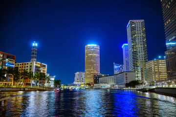 Tampa, Florida USA - Dec 01, 2024: Lighted boat parade show in Tampa downtown and riverwalk
