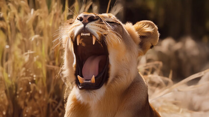 A lion roaring in the wild. Lion roars dark background red nature close up. Close up of a red lion...