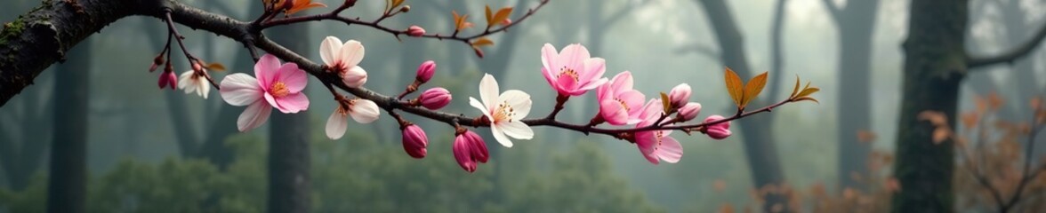 Obraz premium Delicate pink sweetpeas and white gardenias tangled among bare tree branches in a misty forest, tree branch, delicate blooms, soft colors