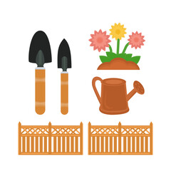 
Flat gardening tool icons spades, blooming flowers, watering can, and fences
