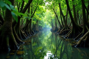 Obraz premium Dense mangrove roots tangled in murky river water, mangroves, vegetation