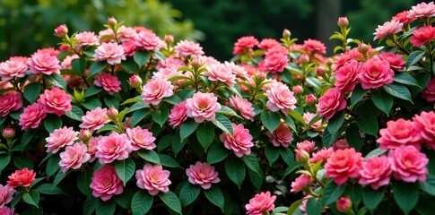 Dense thicket of ornamental shrubs in full bloom, lush foliage, flowering plants, flowering shrubs